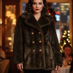 Vintage Chocolate Brown Faux Fur Luxe Double Breasted Winter Coat
